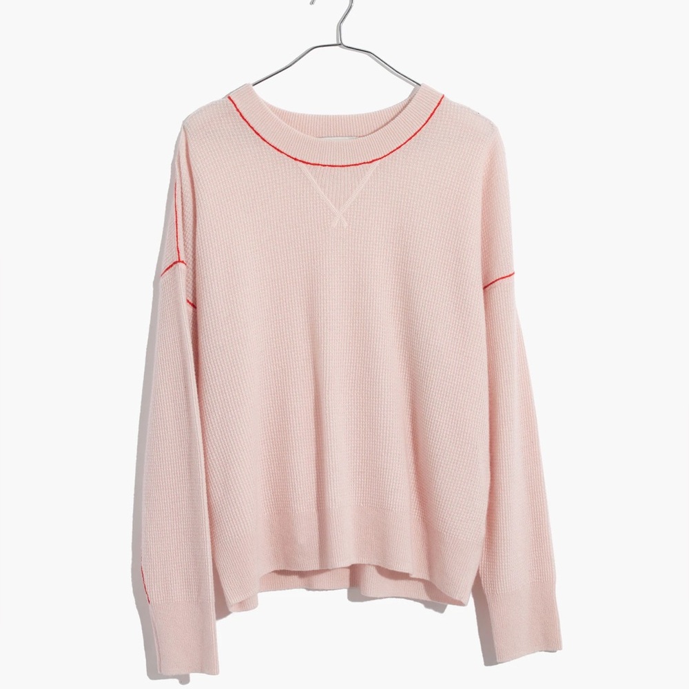 NWOT Madewell 100% Cashmere Contrast Stitch Waffle Knit Pink Sweater Sz XXS